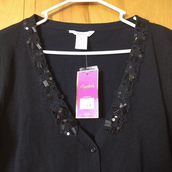 Candie’s Juniors  XL Black Beaded Button Up Cropped 3/4 Sleeve Cardigan New - Picture 2 of 4
